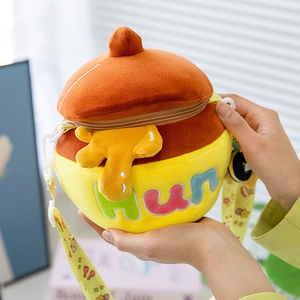 Cute Cartoon Honey Pot Shaped Plush Crossbody Bag For Girls Women Soft Round Shoulder Pouch With Bee Charm Adjustable Strap