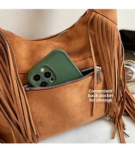 Close-up of vintage brown suede shoulder bag with back zipper pocket for phone storage
