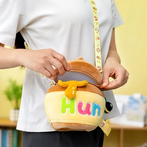 Cute honey pot plush crossbody bag with bee pendant and embroidered Hun text