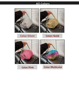 Detailed view of four acrylic shell evening bags in silver, gold, pink and multi-color