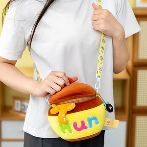 Cute plush honey pot crossbody bag with cartoon strap and Hun embroidery for girls