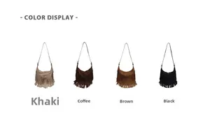 Color options of tassel shoulder bags in khaki, coffee, brown, and black finishes