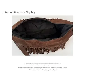 Macro view of the internal structure with black lining and side pocket for the tassel bag
