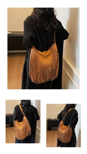 Macro detail of brown fringe hobo bag featuring long suede tassels and matte texture finish