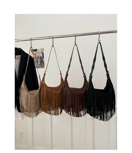 Hobo bags with long tassels displayed in beige, brown, dark coffee and black colors
