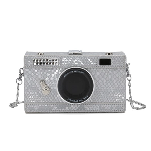 Silver camera-shaped crossbody bag with snake skin texture and chain strap
