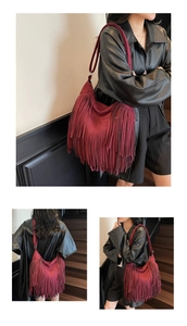 Three-angle views of a wine red fringe hobo bag with suede texture and long tassels