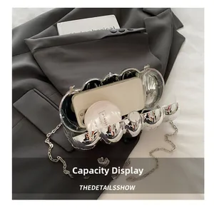 Internal storage display of silver caterpillar evening bag with phone and compact powder