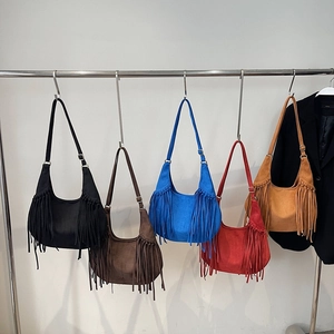 Frosted suede hobo bag with fringe tassels in five retro colors for women