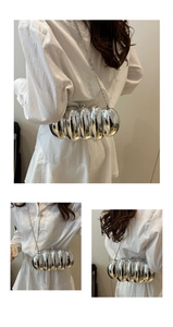 Detailed views of a silver glossy caterpillar-style box bag with a delicate chain strap