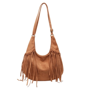 Brown suede fringe hobo bag with adjustable strap and vintage crescent moon design