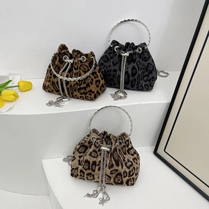 Stylish leopard print drawstring bucket bags in three colors with silver ring handles