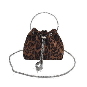 Leopard print bucket bag with silver ring handle and chain tassel decoration