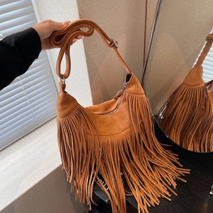 Fringe Hobo Shoulder Bag Suede PU Large Capacity Bohemian Retro Underarm Crossbody Purse For Women