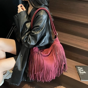 Vintage burgundy suede hobo shoulder bag with long fringes and large capacity design