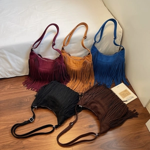 Vintage suede fringe shoulder bags in five colors with adjustable straps for women