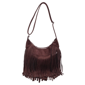 Vintage large capacity dark brown tassel shoulder bag in matte suede style leather
