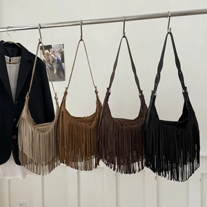Women Tassel Hobo Shoulder Bag Faux Suede Bohemian Vintage Style Long Fringe Handbag With Adjustable Strap Zipper