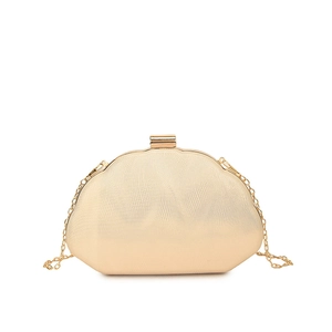 Elegant gold evening clutch bag with textured metal finish and gold chain strap