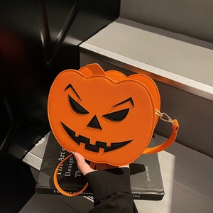 Halloween Pumpkin Crossbody Bag For Women Round PU Leather Jack-O-Lantern Face Shoulder Bag Festive Party Street Style