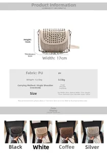 Guide des tailles montrant les dimensions 20x17x15cm du sac besace à pompons