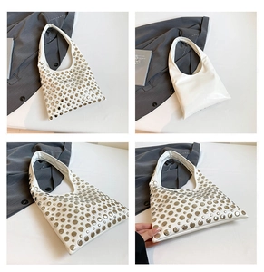 Detailed views of white leather hobo bag featuring silver metallic stud embellishments