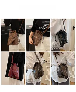 Collage of models wearing retro horse-head shaped cylinder crossbody bags in various colors