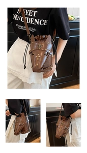 Detailed views of vintage horse head crossbody bag with bronze rivets and drawstring