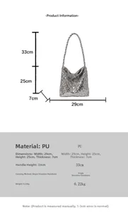Detailed size specifications for the silver sequin shoulder bucket bag with PU strap