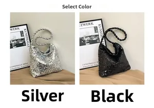 Detail view of silver and black sequined bucket bags with woven texture handles