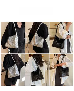 Detail shots of sequined bucket bags in silver and black with braided shoulder straps