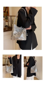 Close-up of sparkling silver sequin bucket bag with braided shoulder strap and shiny finish