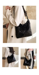 Close-up of sparkling black sequin bucket bag featuring a thick woven handle