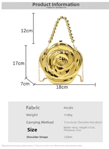 Detailed size chart for acrylic rose handbag showing 18x17x7cm dimensions and strap length