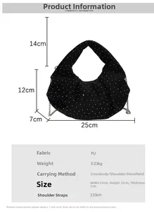 Detailed dimension guide for black pleated dumpling bag with rhinestones and chain strap