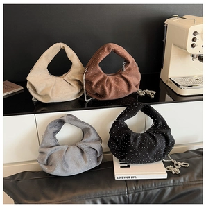 Modern pleated crescent handbags with stud details and silver chain straps in four colors
