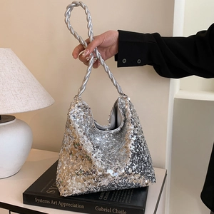 Sequin Shoulder Bag Sparkly Hobo Handbag Shiny Metallic Purse With Woven Twisted Strap For Party Fashion Streetwear