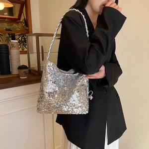 Silver sequin hobo shoulder bag with woven handle for women stylish casual fashion