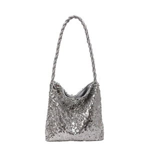 Silver sequin hobo shoulder bag with a twisted rope handle for women's party fashion