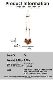 Size chart showing heart-shaped beaded mini bag dimensions and PU fabric specifications