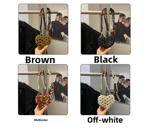 Collage of heart-shaped beaded mini bags in brown, black, colorful, and off-white colors