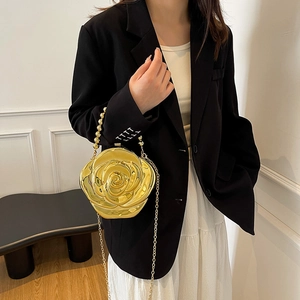 Elegant gold acrylic 3D rose flower evening clutch bag with beaded handle and chain