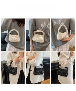 Detail shots of sequins handbag with chain strap in black and white styles on model