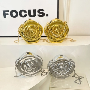 Elegant 3D rose flower evening clutch bag in gold and silver finish with chain