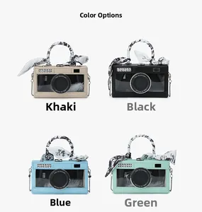 Four color variants of creative camera-shaped bags with feathers and silk handle scarves