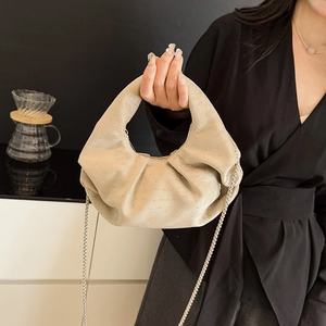 Beige pleated dumpling handbag with silver rivets and detachable metal chain strap