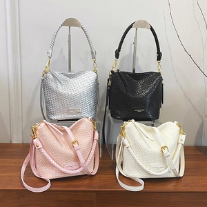 Fashion woven bucket bag set in four colors with adjustable shoulder straps and top handles