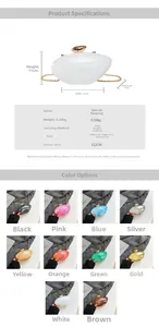 Detail specifications of acrylic mango clutch with dimensions and colorful color options