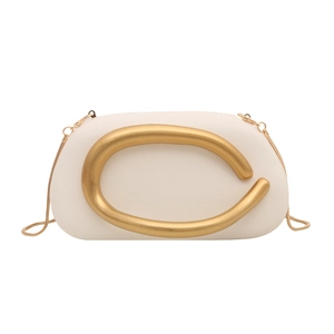 White leather evening bag with large gold metal C-handle and fine snake chain strap