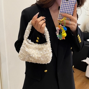 Fashionable white sequin handbag for women with pleated texture and stylish shoulder strap